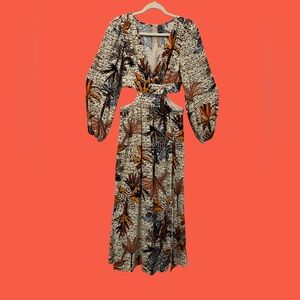 SHEIN Beige Maxi Dress with Orange & Black Tropical Print with Slit side